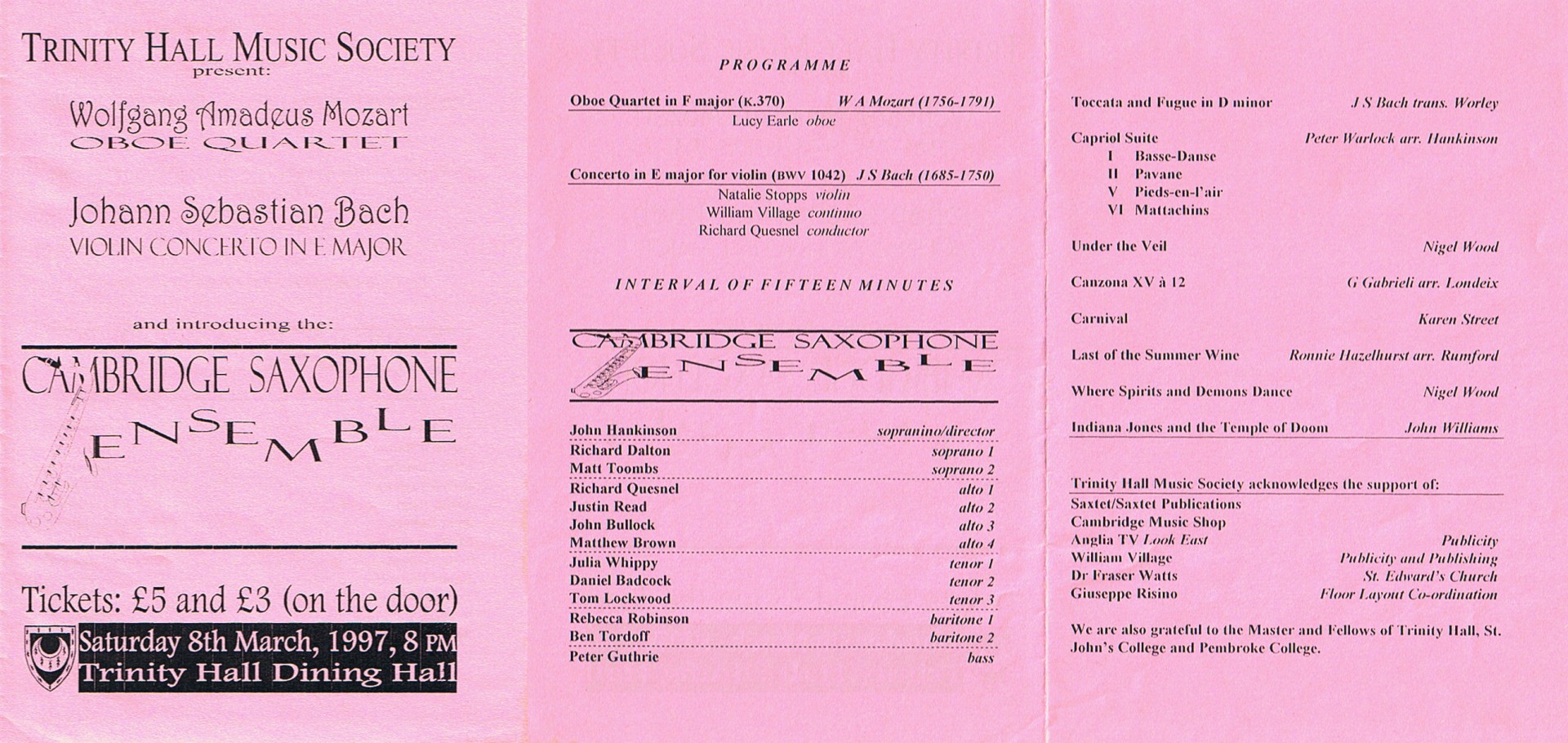 Programme for Cambridge Sax Ensemble at Trinity Hall, 1997